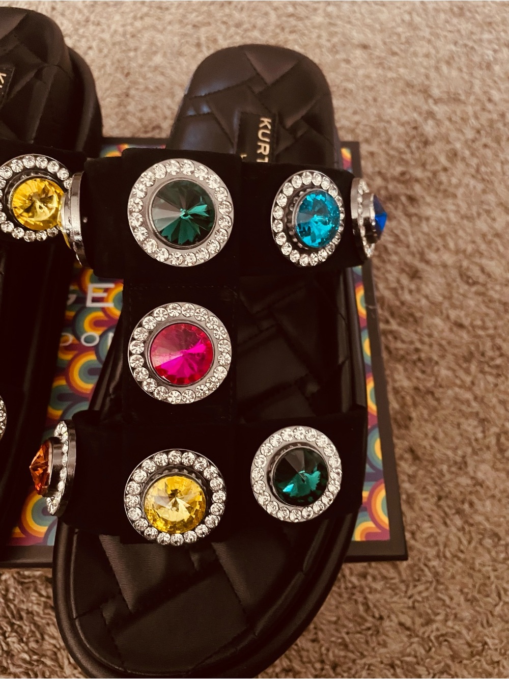Kurt Geiger Black Quilted Slide Sandals with Multicolor Crystal Medallions - Picture 2 of 5
